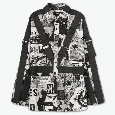 复古报纸印花绑带长袖衬衫