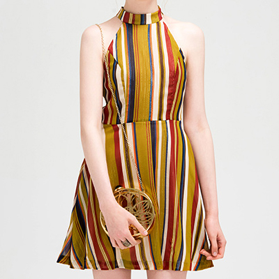 2016夏装新款复古小立领削肩袖a字裙条纹印花淑女连衣裙