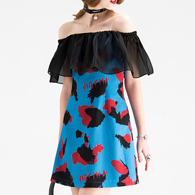 2016春装新款性感荷叶边一字领露肩印花收腰a字摆连衣裙