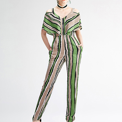 2016夏装新款性感v领连体裤女高腰显瘦女士OL条纹休闲裤