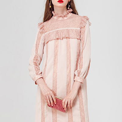 2016夏装复古木耳边立领长袖宽松中裙气质淑女蕾丝连衣裙